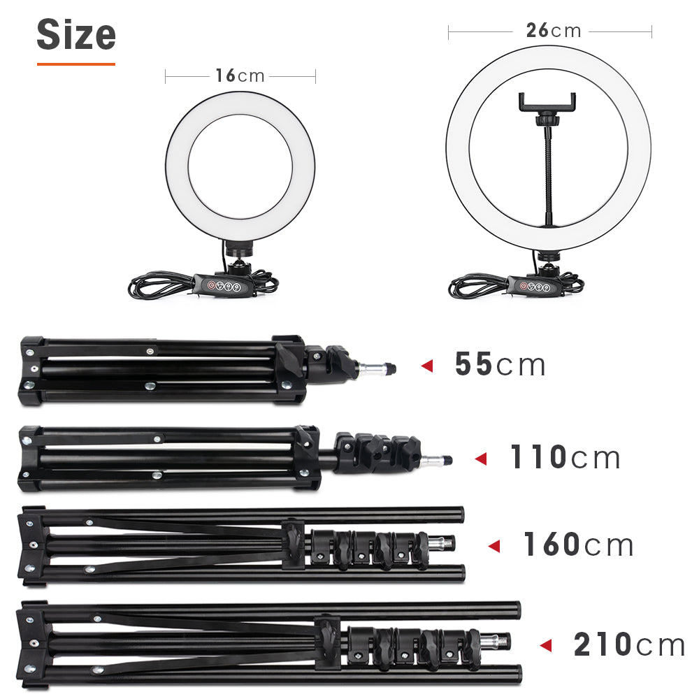 The Studio Pro LED Ring Light - Size & Tripod Height Comparison Chart